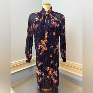 Blue and Orange Pleated Tie Front Long Sleeve floral midi Dress